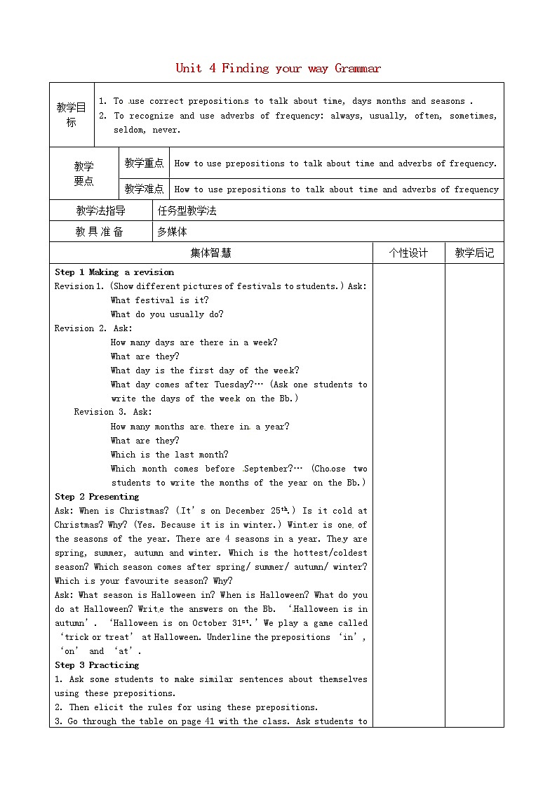 江苏省宿豫区丁嘴中心学校七年级英语下册 Unit 4 Finding your way Grammar教案01
