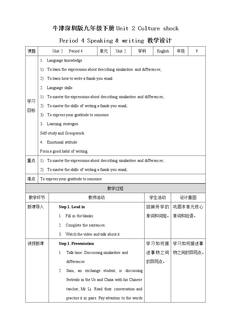 Unit 2 Culture shock Period 4 Speaking & writing（课件37张PPT+教案+导学案）01