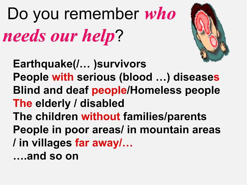 江苏省宿迁市泗洪县育才实验学校八年级英语下册 Unit 7 International Charities P1 Welcome to the unit课件08