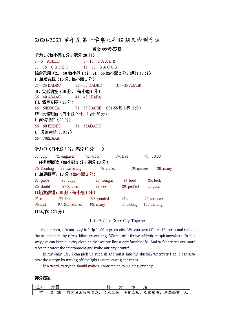 贵州省铜仁市松桃县2021届九年级上学期期末考试英语答案第1页