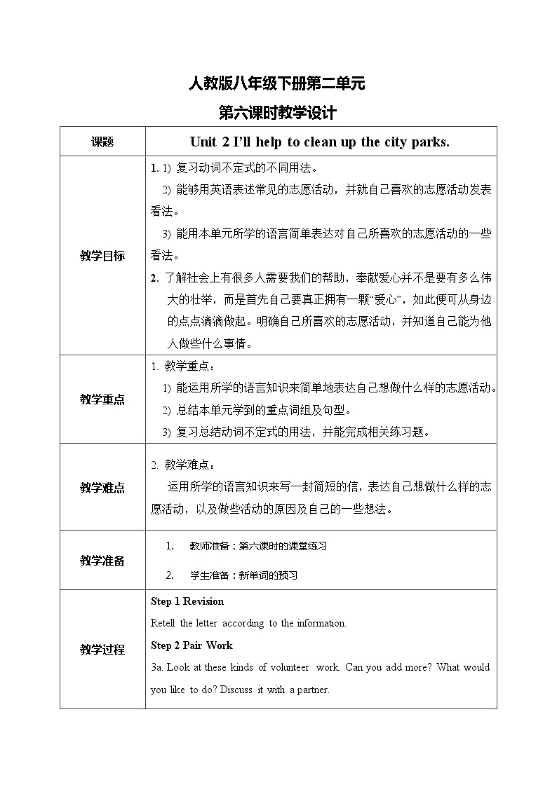 Unit 2 I'll help to clean up the city parks SectionB(3a-selfcheck)课件+教案+练习01