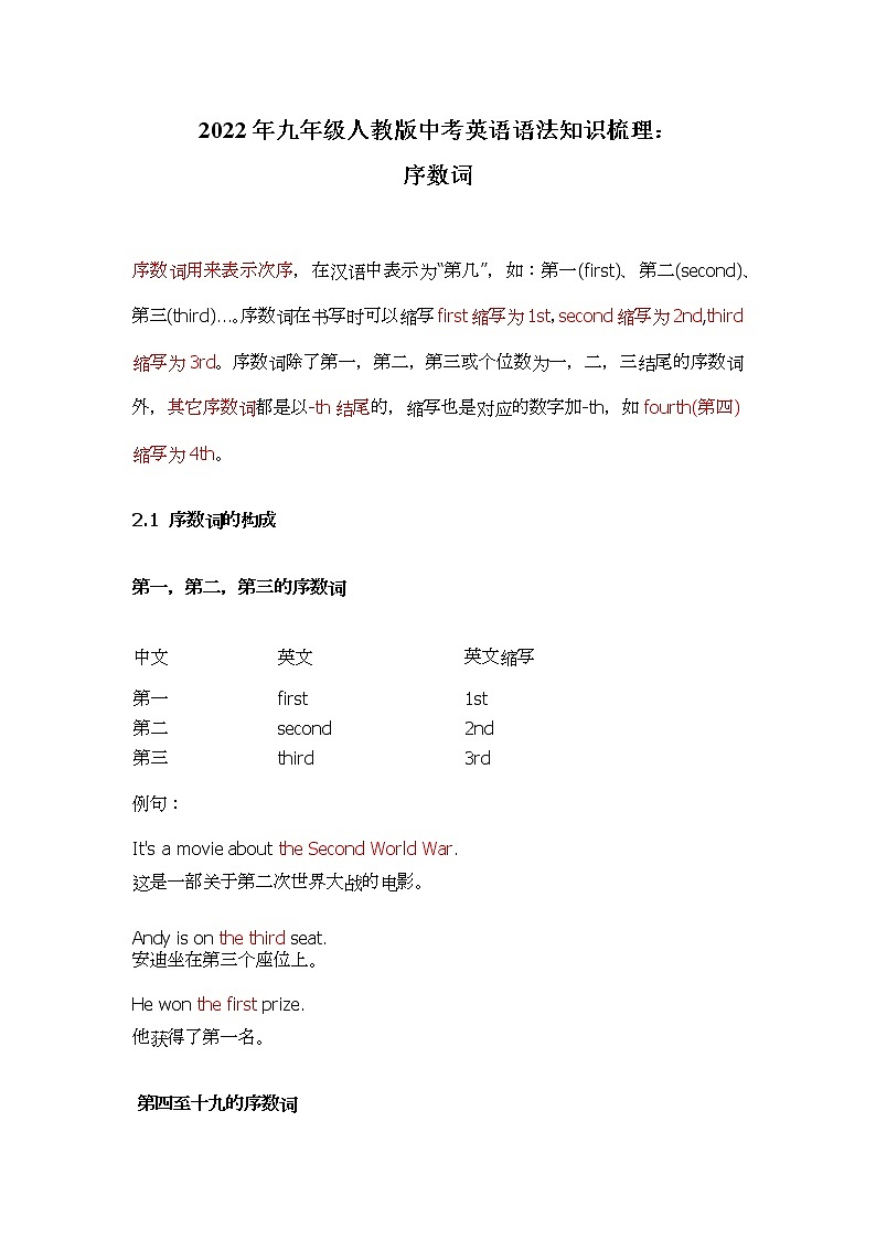 2022年人教版九年级中考英语语法讲解:序数词学案第1页