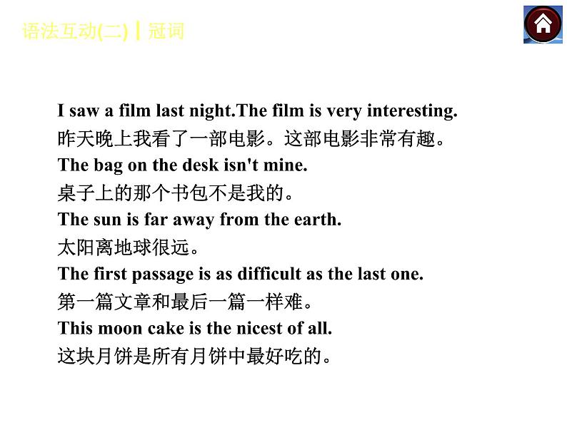 【中考复习方案】(人教版)九年级英语复习课件:语法互动二 冠词(共19张PPT)第4页