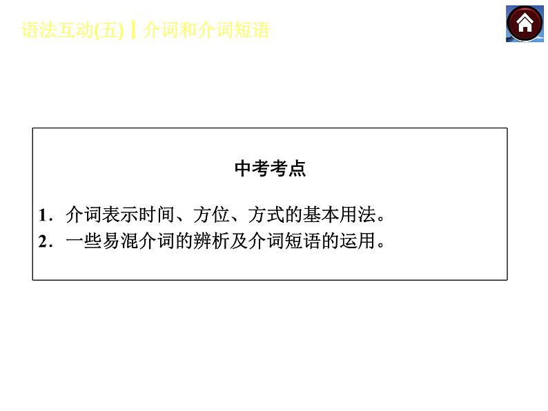 【中考复习方案】(人教版)九年级英语复习课件:语法互动五 介词和介词短语(共20张PPT)第2页