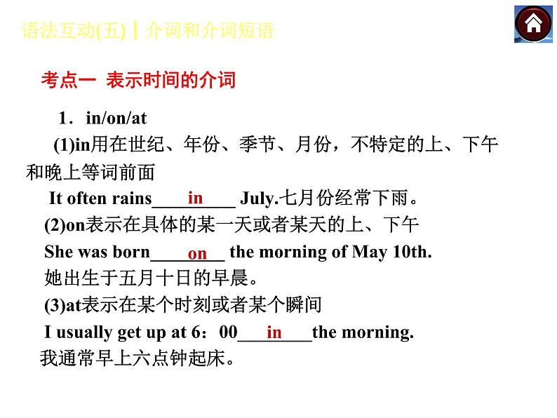 【中考复习方案】(人教版)九年级英语复习课件:语法互动五 介词和介词短语(共20张PPT)第3页