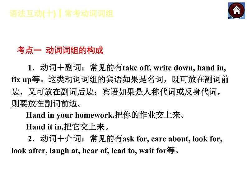 【中考复习方案】(人教版)九年级英语复习课件:语法互动十 常考动词词组(共14张PPT)第3页