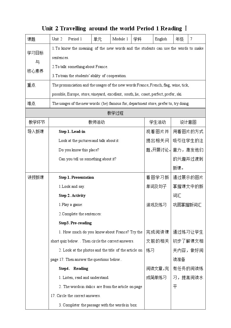 Unit 2 Travelling around the world Period 1 ReadingⅠ课件PPT+教案+学案+练习01