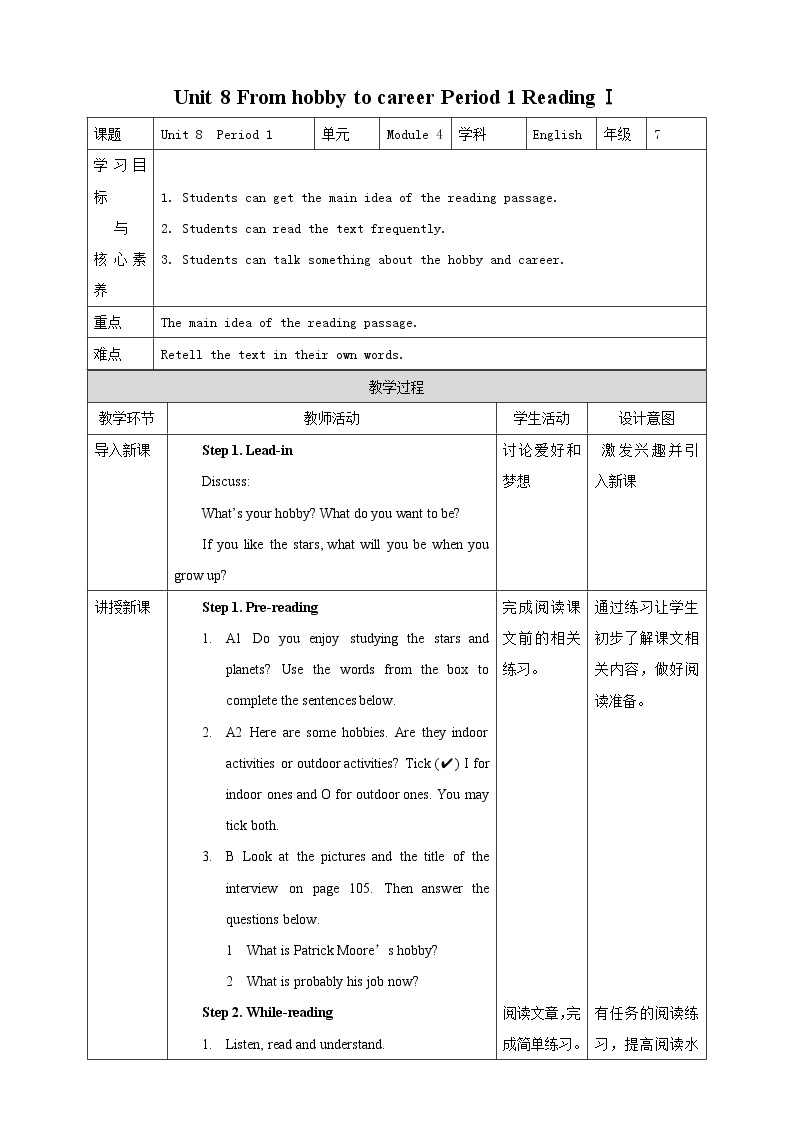 Unit 8 From hobby to career Period 1 ReadingⅠ课件PPT+教案+学案+练习01