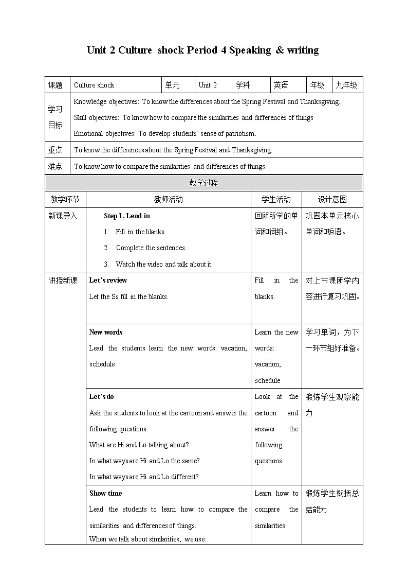 Unit 2 Culture shock Period 4 Speaking & writing 教案第1页