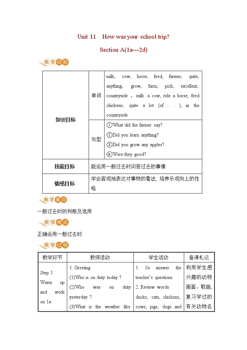 人教初中英语七年级下册——Unit 11 Section A(1a---2d)教案第1页