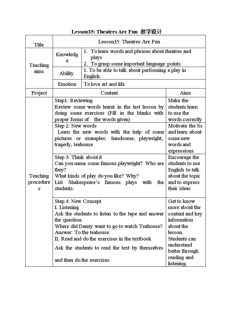 冀教版九年级上册英语 Unit6 Lesson35 Theatres Are Fun 教学设计01