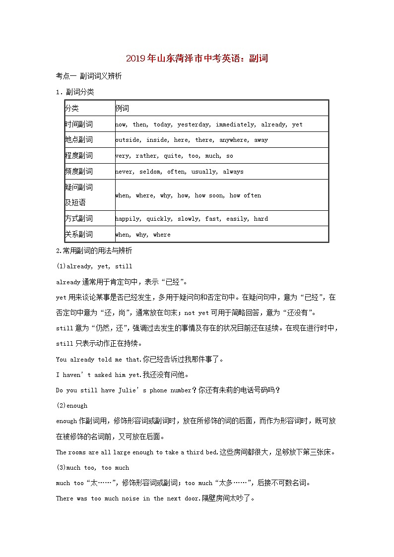 (通用版)中考英语二轮语法专项复习《副词》考点剖析 (含答案)第1页