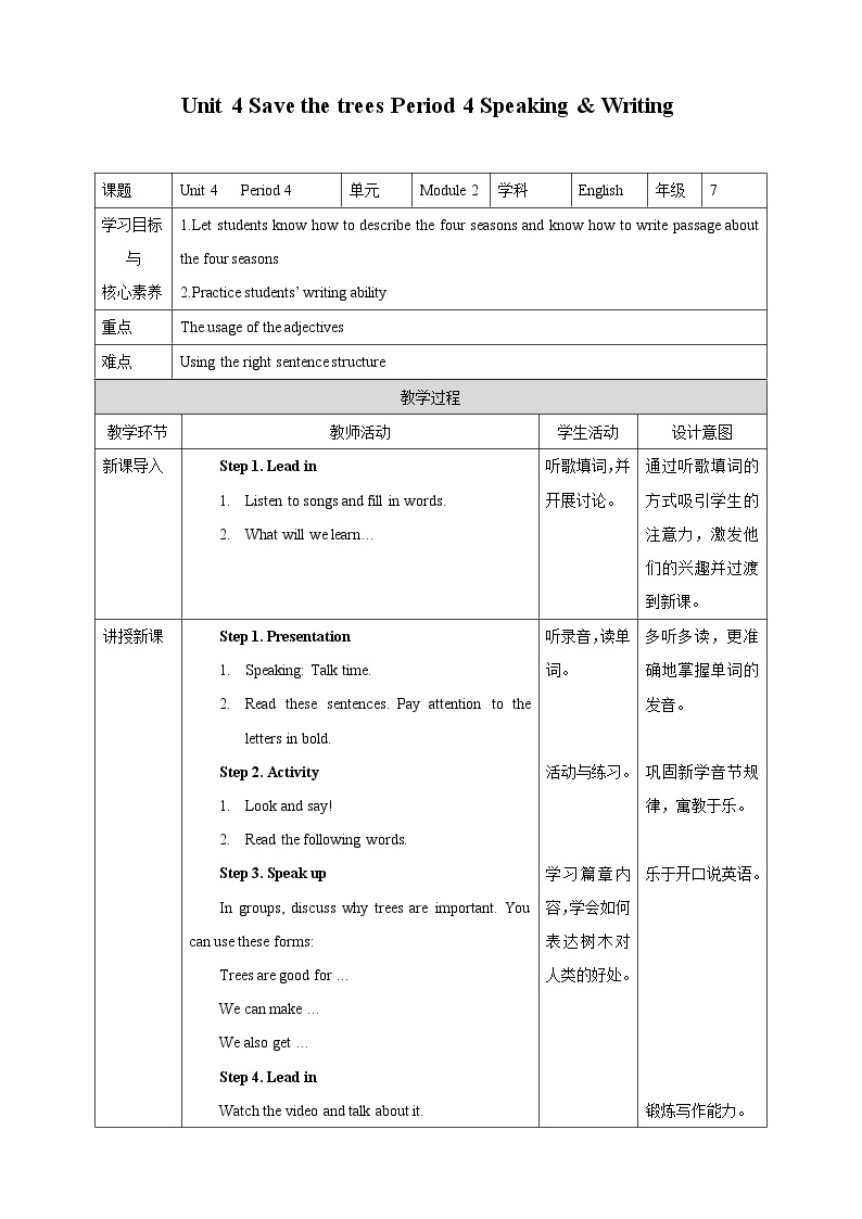 Unit 4 Save the trees Period 4 Speaking & writing（课件+教案+学案+练习）01