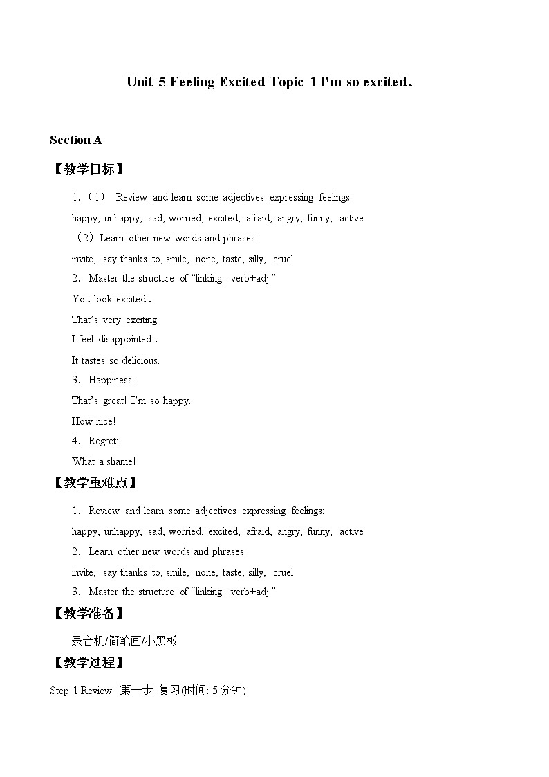 Unit 5 Feeling Excited Topic 1. Section A 教案 初中英语仁爱版八年级下册(2022年)01