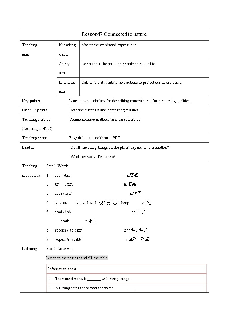 Unit 8 Lesson 47 Connected to naturet 教案 初中英语冀教版八年级下册（2022年）01