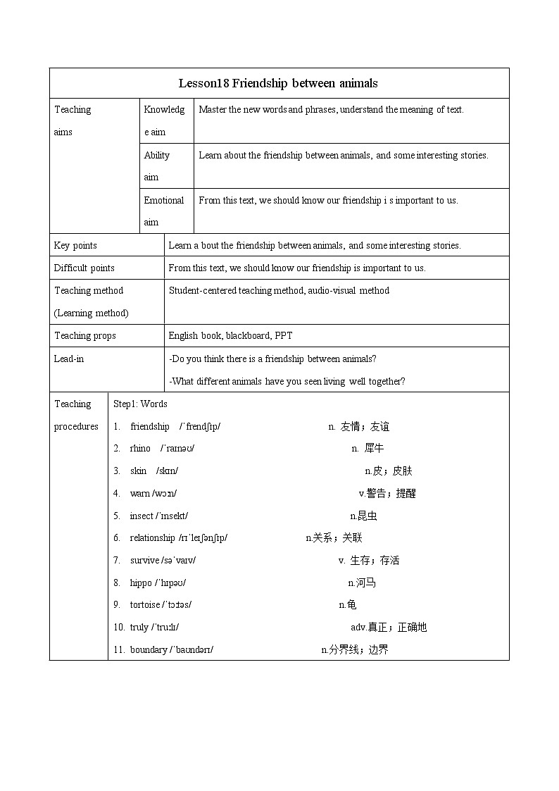 Unit3 Lesson18 Friendship between animals教案 初中英语冀教版八年级下册(2022年)第1页