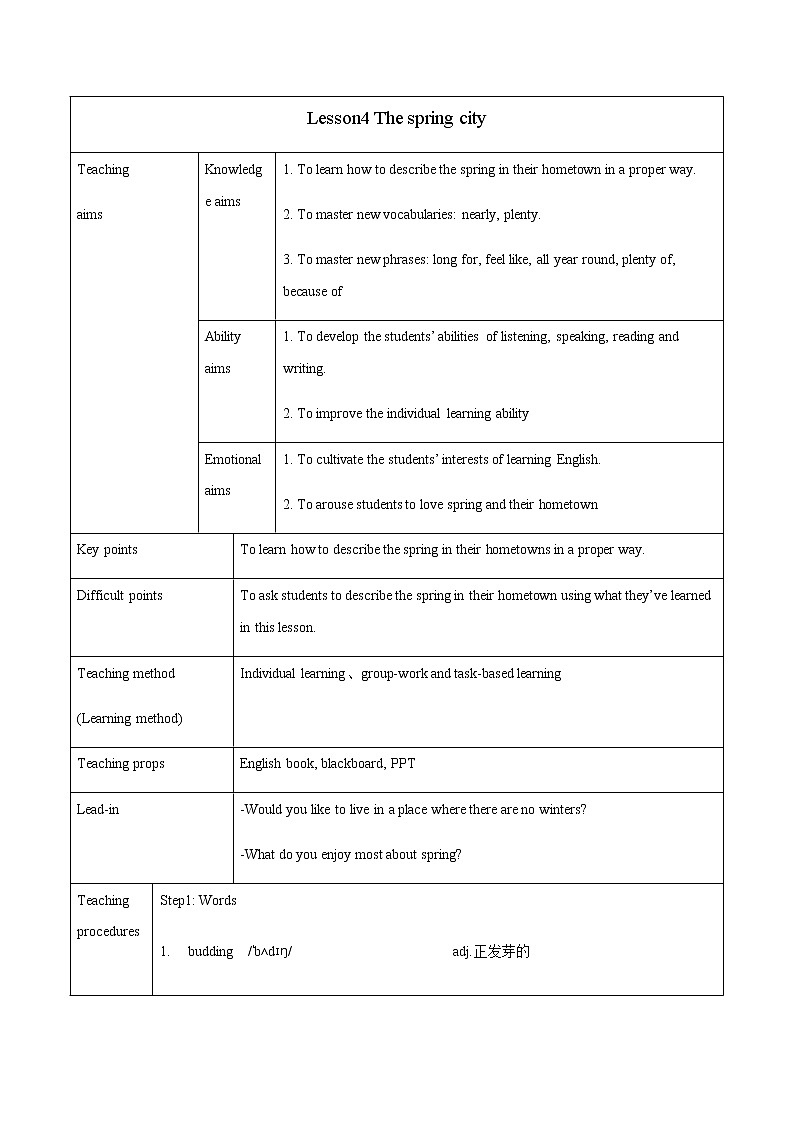 Unit 1 Lesson 4 The spring city 教案 初中英语冀教版八年级下册(2022年)01