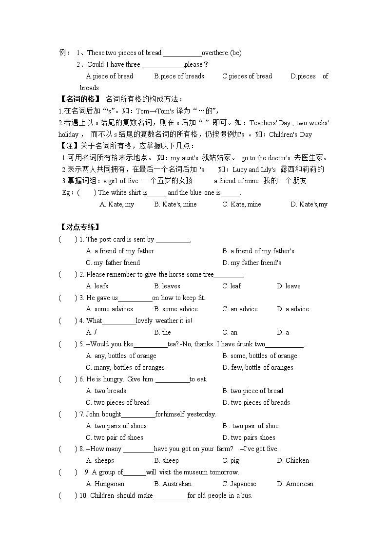 2022年人教版九年级中考语法讲解和练习-名词+数词学案(无答案)第2页