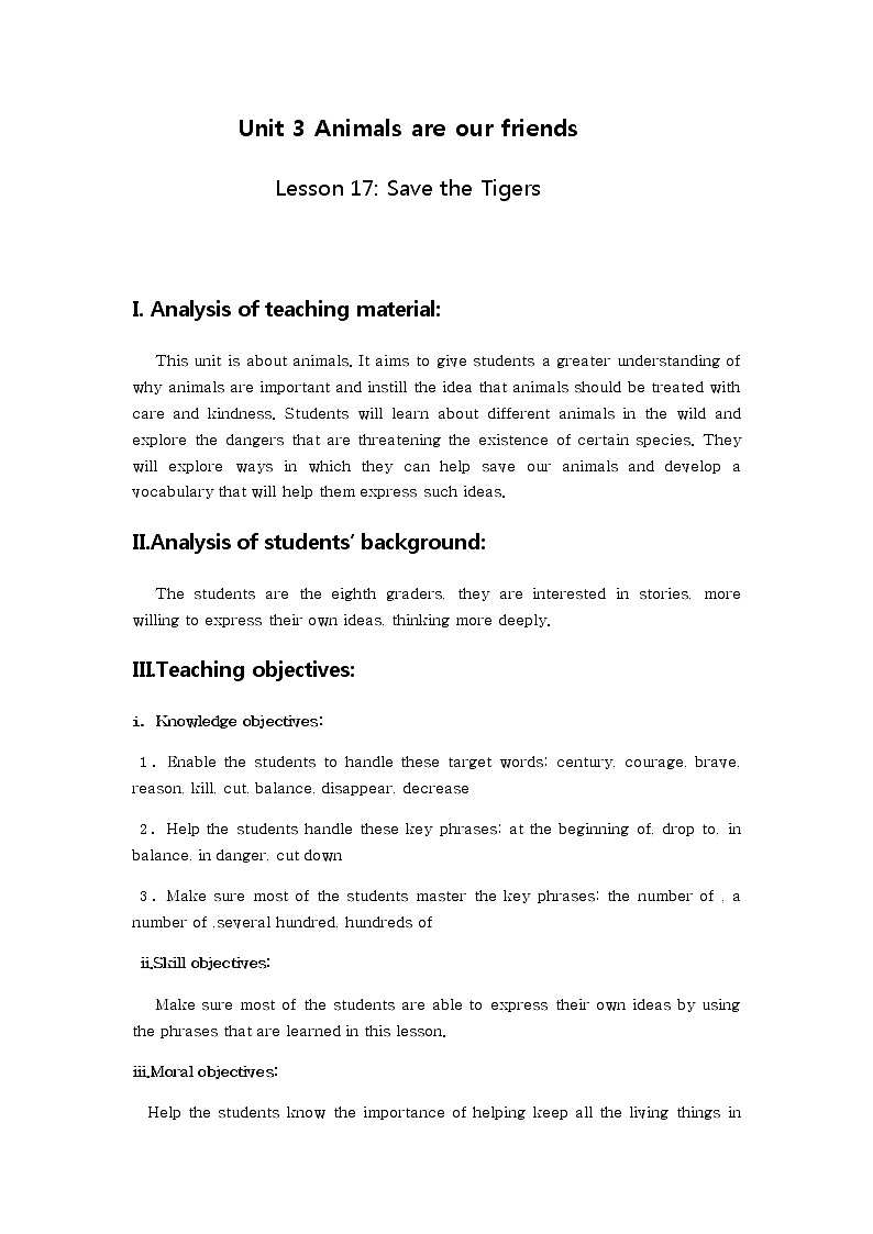 冀教版(三起)英语八年级下册 Lesson 17 Save the Tigers(教案)01