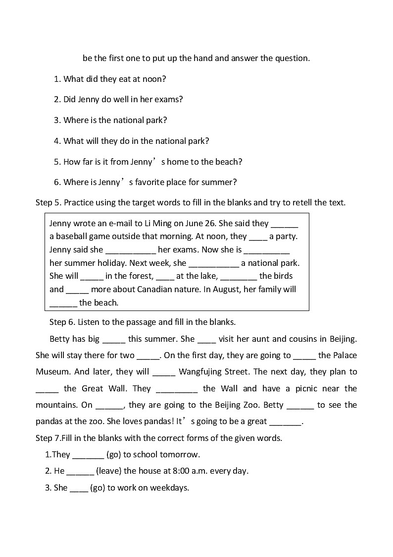 冀教版(三起)英语七年级下册 Unit 8 Summer Holiday is Coming! Lesson 46 Getting Ready for Summer Holiday!(教案)02