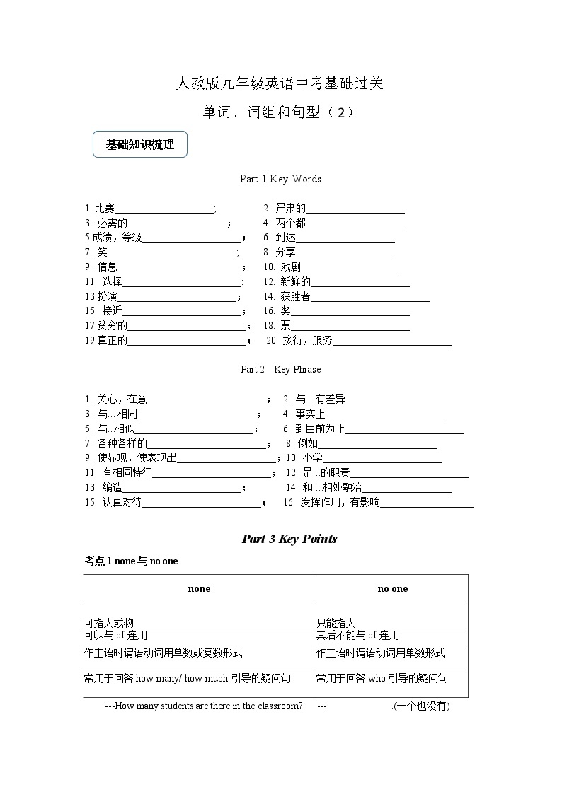中考英语单词、词组和句型（2）-人教版九年级英语中考基础过关（无答案）01