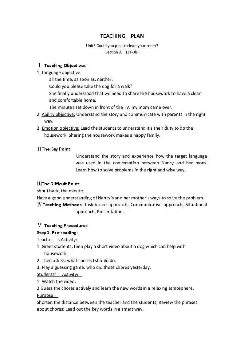 人教新目标(Go for it)版英语八年级下册 Unit 3 Could you please clean your roomSection A 3a—3c(教案 )第1页