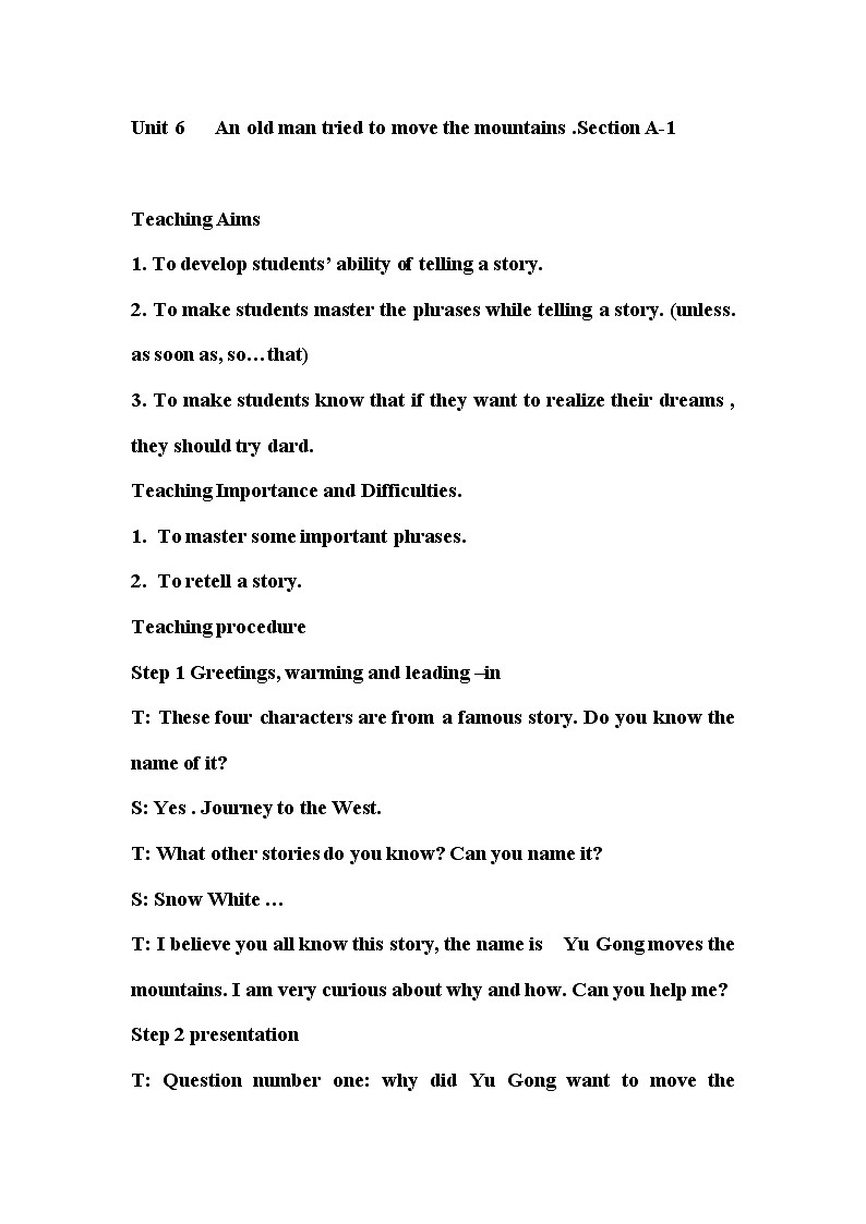 人教新目标(Go for it)版英语八年级下册 Unit6 An old man tried to move the mountSection A 1a—2d(教案)01