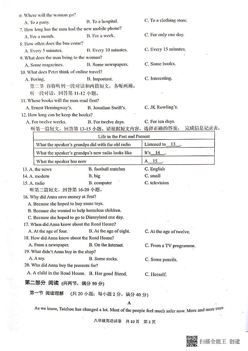 江苏省兴化市2022年春学期初中学生阶段性评价 八年级英语试卷(图片版,含听力材料、音频及答案)第2页
