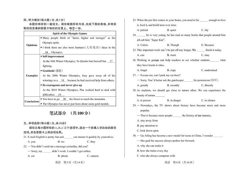 山西省2022届中考模拟英语试卷(PDF版)第2页
