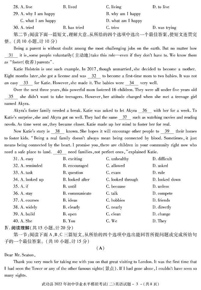 (教研室)2022年陕西省咸阳市武功县初中学业水平考试模拟(二)英语试题第3页