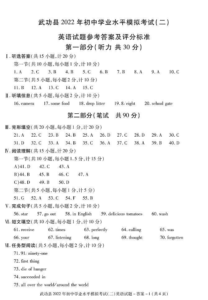 答案—武功县初中英语水平模拟(二)第1页