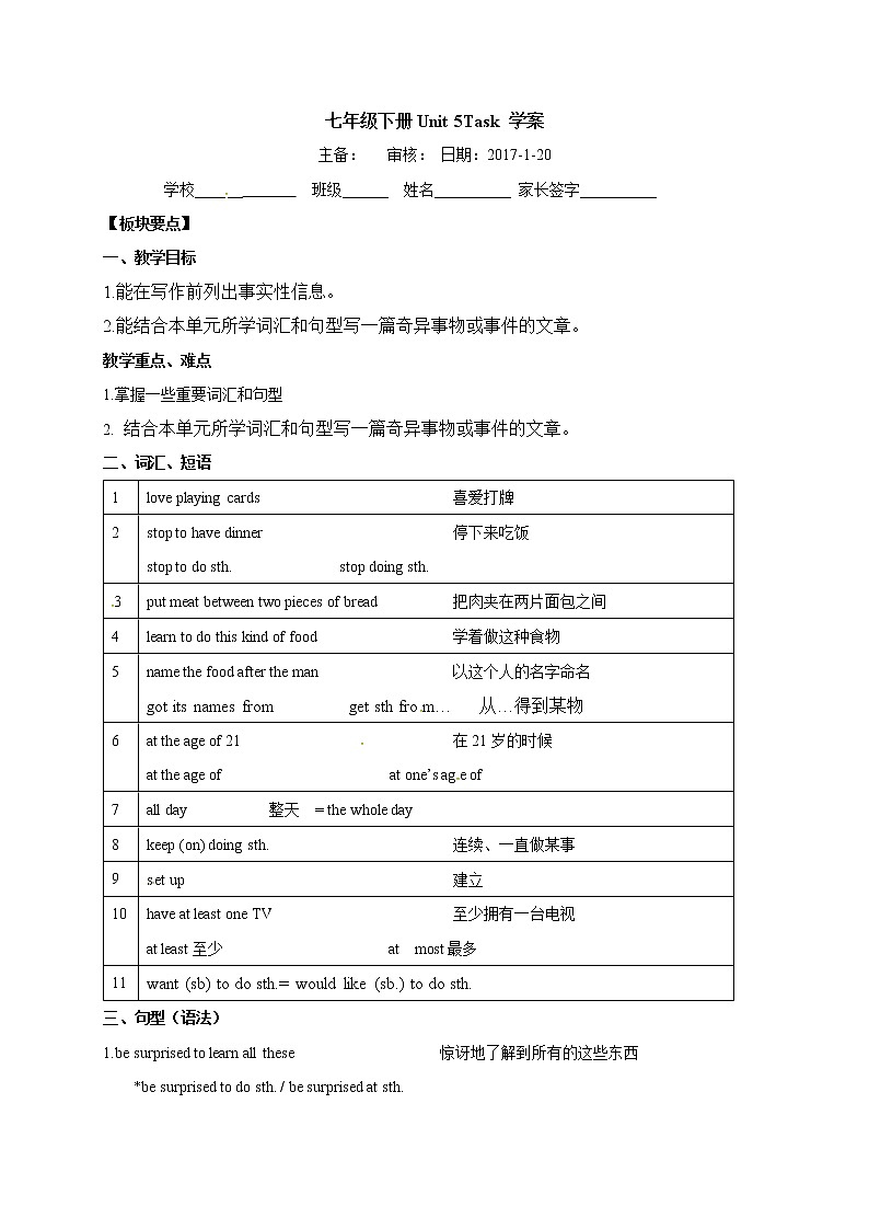 牛津譯林版七年級英語下冊Unit5Task （板塊要點初稿)學(xué)案第1頁