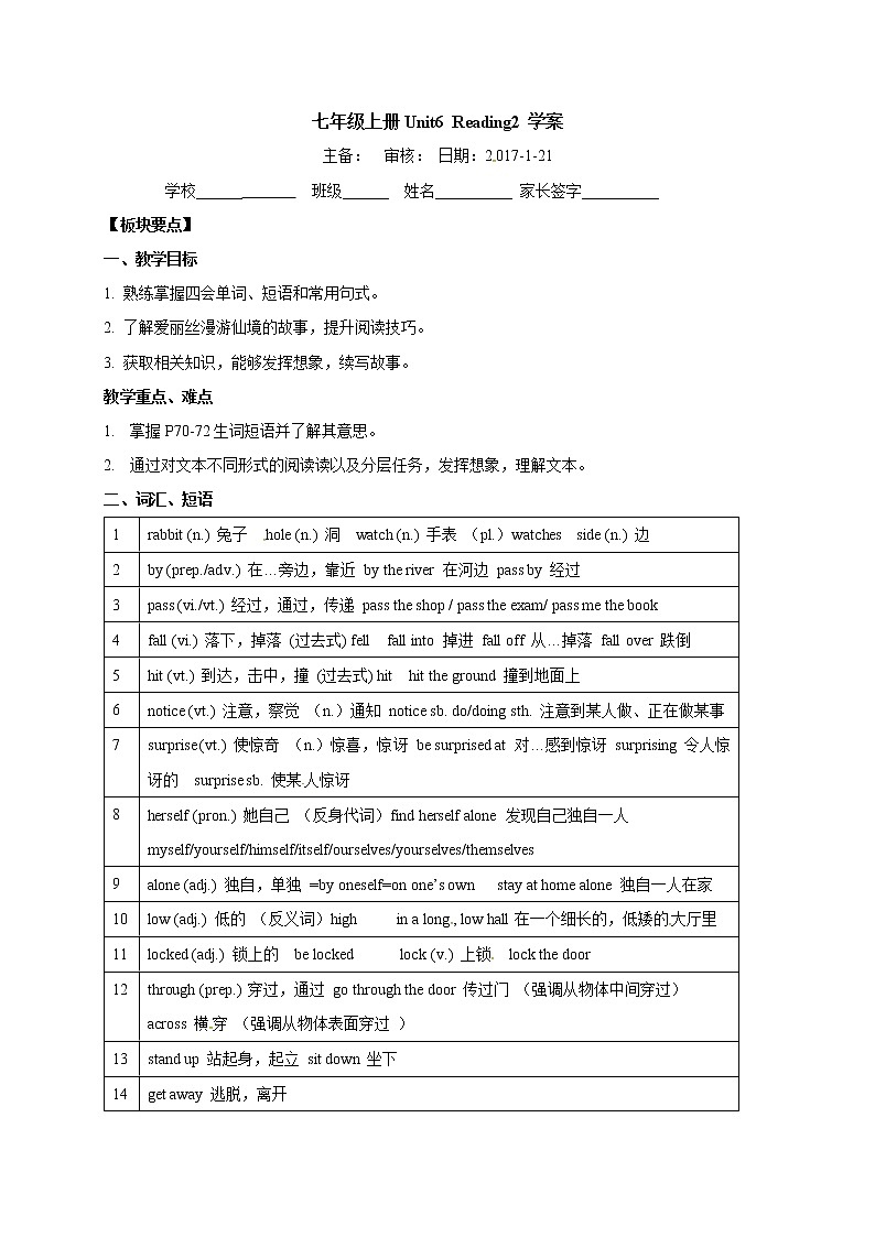 牛津譯林版七年級英語下冊Unit6 Reading2 板塊要點學案第1頁