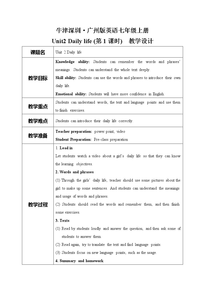 Module1 Unit2 Daily life第一课时课件+教案01