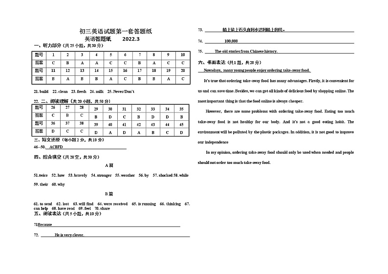九年级英语练兵参考答案第1页