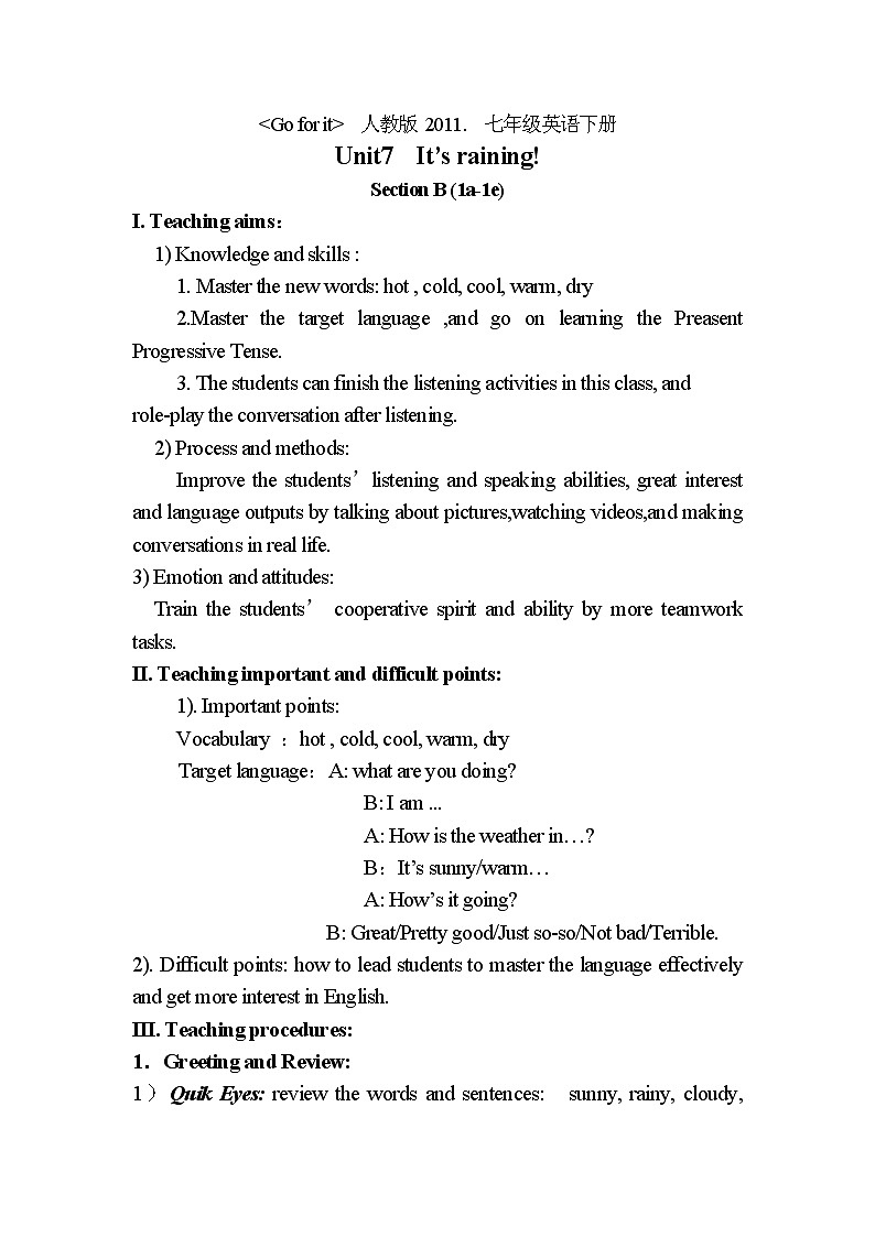 Unit 7 It's raining-Section B 1a—1e 教案01