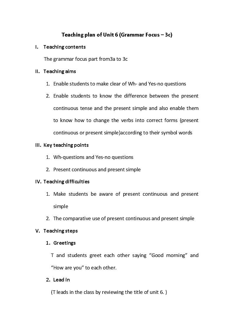 Unit 6 I 'm watching TV. Section A (Grammar Focus – 3c)教案第1页