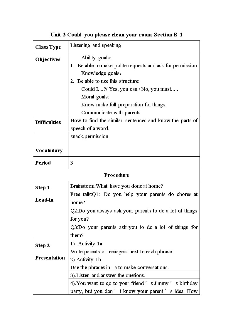 Unit 3 Could you please clean your room? section B -1教案(表格式教案)01