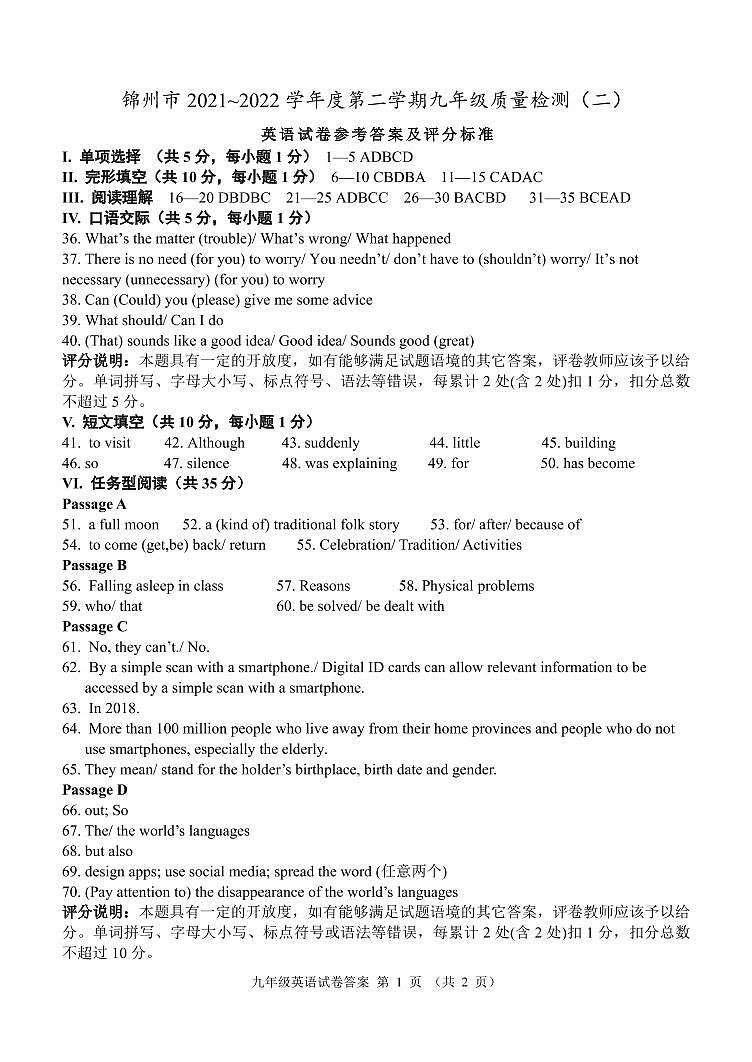 2021——2022学年度第二学期九年级质量检测(二)英语试题参考答案第1页