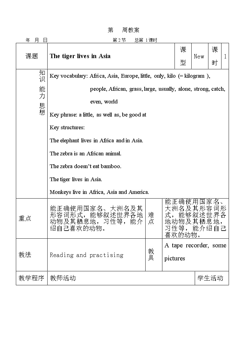Module 6 A trip to the zoo.Unit 2 The tiger lives in Asia.表格式教案01