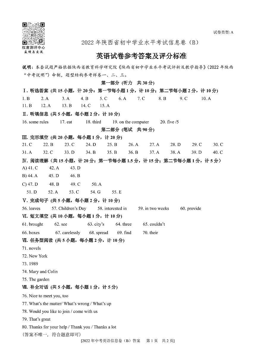 陜西省西安市蓮湖區(qū)2022年九年級(jí)第二次5校聯(lián)考中考模擬試題 英語(yǔ) 答案第1頁(yè)