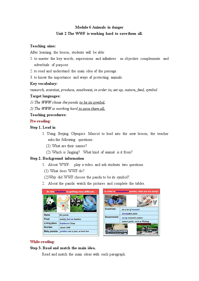 外研版八上:Module 6 Unit2 The WWF is working hard to save them all.教案 (1)01
