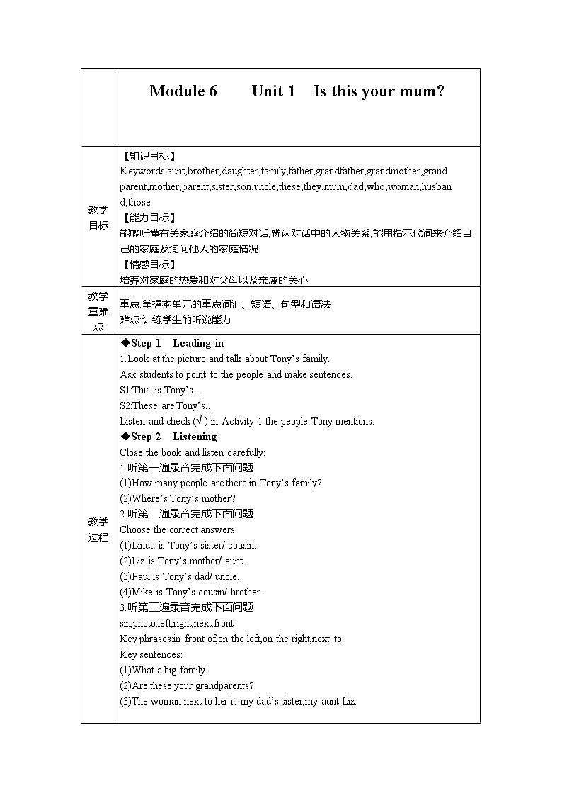 外研版七上:Module 2 unit1 Is this your mum?表格式教案01