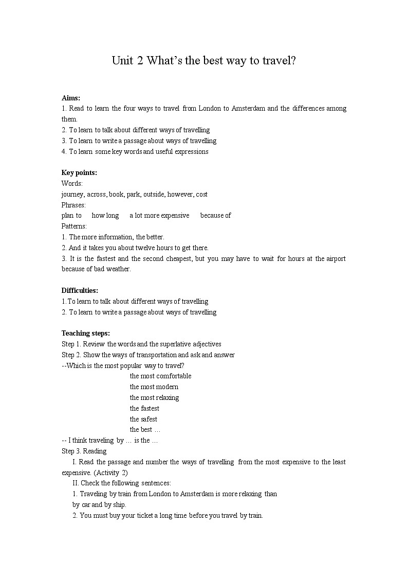 外研版八上：Module 4 unit2 What is the best way to travel？.教案第1頁(yè)