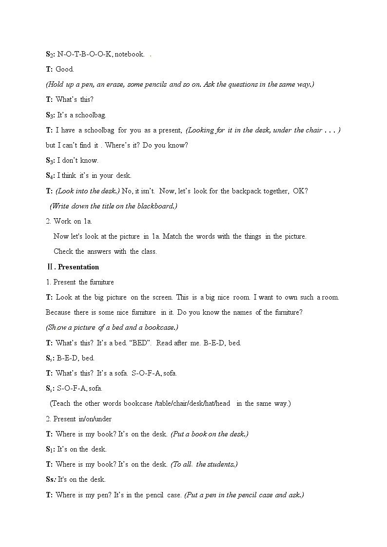 人教版七年级上册英语教案:Unit 4 Where is my schoolbag Section A 1第2页