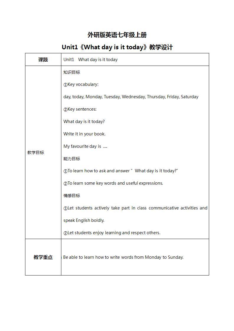 Starter Module4 Unit1 What day is it today 课件 PPT+教案01