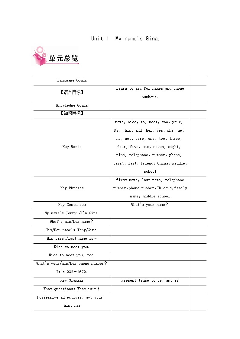 人教版七年级英语上册unit 1 my name is gina period1 sectiona(1a-1c)教案01