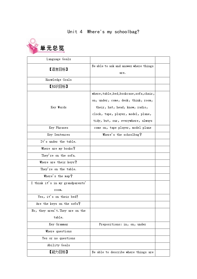 人教版七年级英语上册unit 4 where's my schoolbag period1 sectiona（1a-1c）教案01