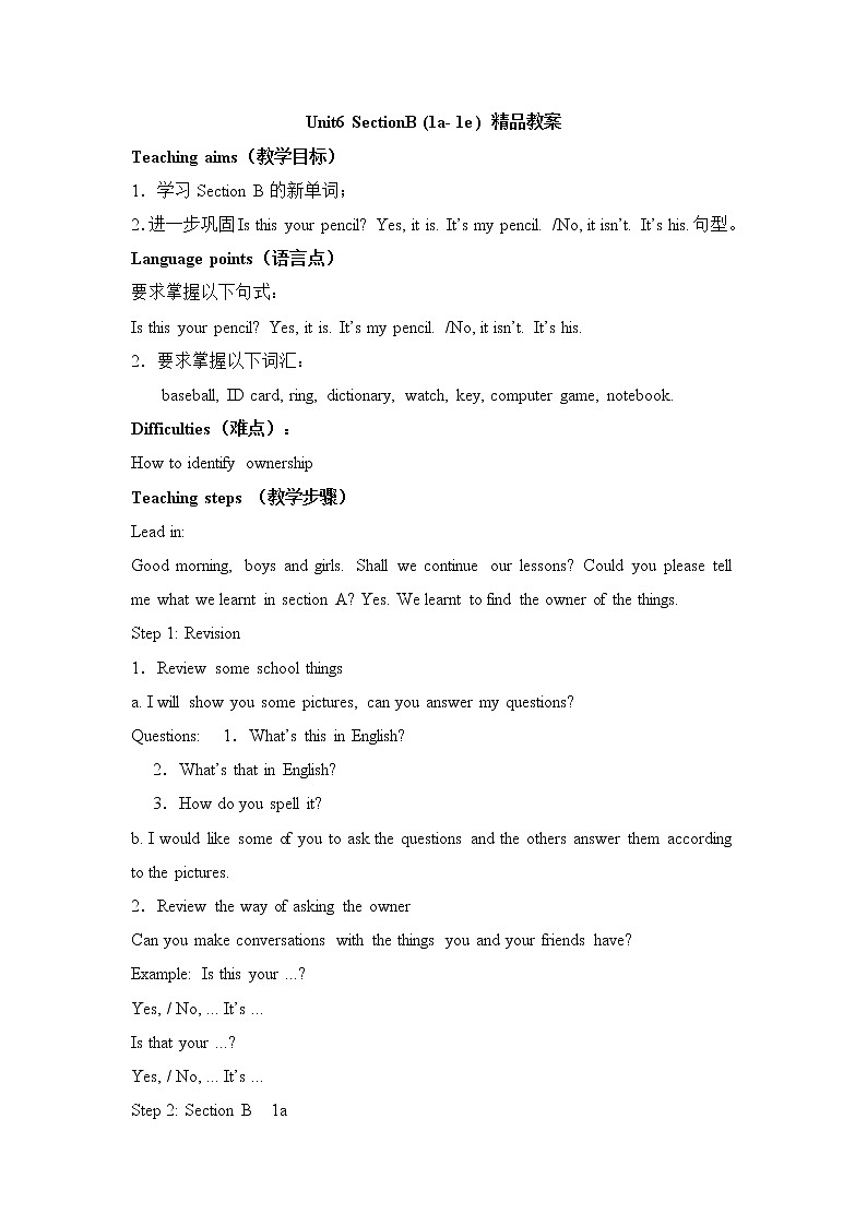 鲁教版五四制6上英语Unit6__SectionB__(1a-1e)__精品教案01