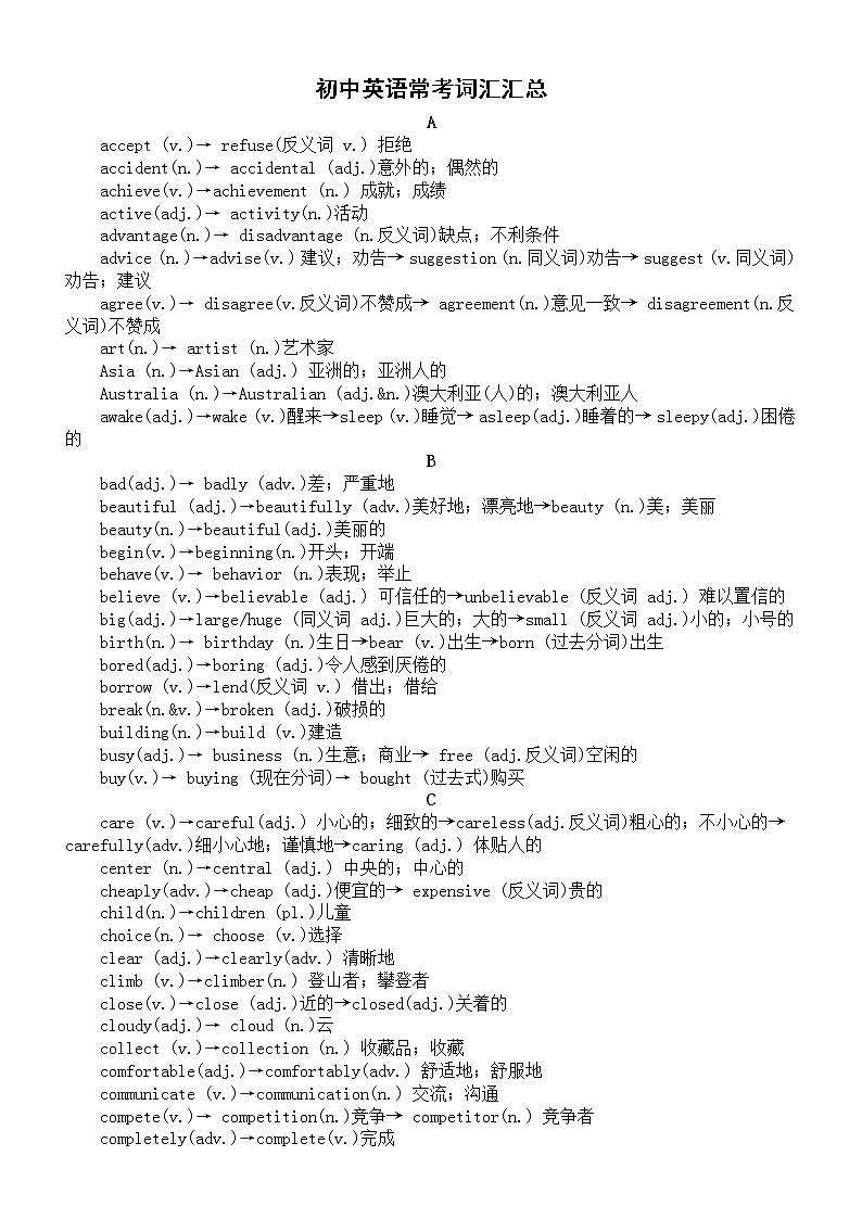 初中英语中考常考词汇汇总(按字母顺序编排)01